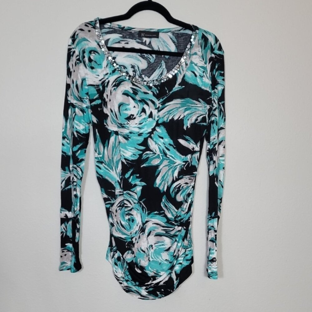 Y2K INC Dark Floral Ruched Long Sleeve Top Size S/M Black Blue Sequin Roses 90s